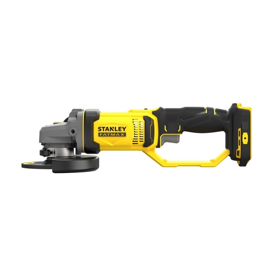 STANLEY SFMCG400D1K cordless angle grinder, yellow and black, left side view on white background.