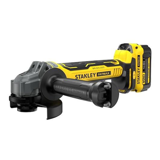 Photo of STANLEY SFMCG700M2K cordless angle grinder, yellow and black, front angle on white background.