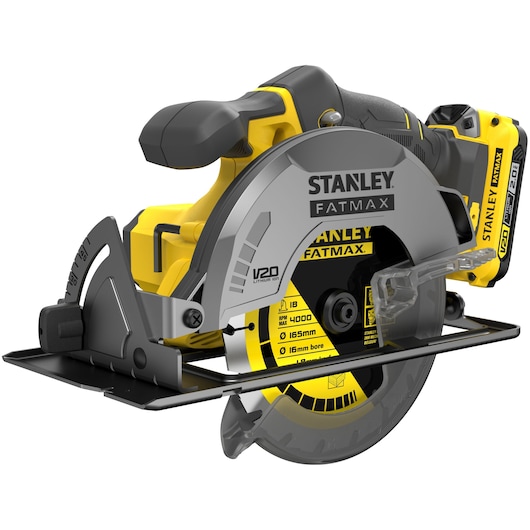 STANLEY SFMCS500D1K cordless circular saw side angle, yellow and black with visible V20 battery and Fatmax branding.