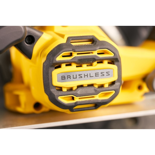 STANLEY SFMCS550M2K brushless motor detail in yellow and black, close-up photography.