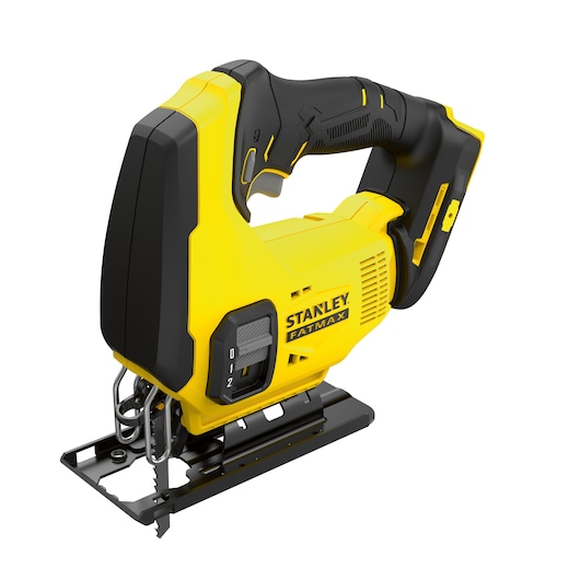 STANLEY SFMCS600D1K jigsaw, yellow and black, side angle on white background, ergonomic handle, visible blade.