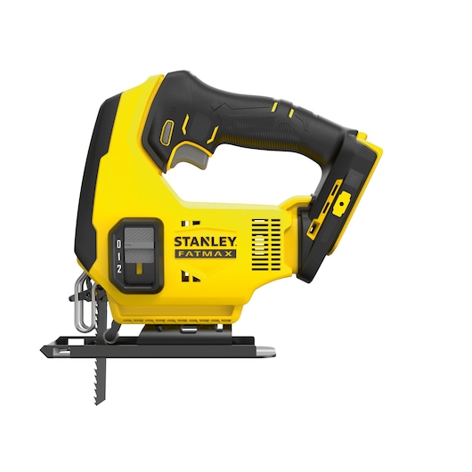Photo of STANLEY SFMCS600D1K jigsaw, yellow and black, side view, showing blade and ergonomic handle.