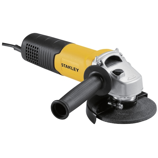 STANLEY SGS1045 angle grinder, yellow and black, front side view, photographed on white background.