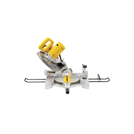 STANLEY SM16-AR miter saw with yellow handle and blade guard, side view on white background.