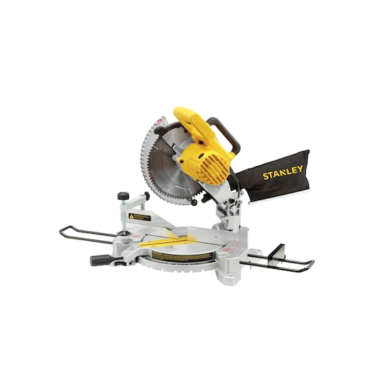 STANLEY SM16 miter saw, yellow and silver, with dust bag, side view on white background.