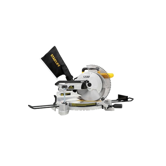 Stanley SM16 miter saw with dust bag, silver and yellow, side angle on white background.