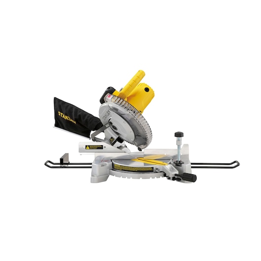 STANLEY SM16 miter saw with yellow handle, silver blade, and black dust bag, left side view on white background.