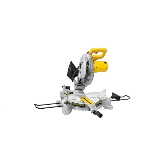 Photo of STANLEY SM16-AR miter saw with yellow and silver body, black dust bag, front angle on white background.