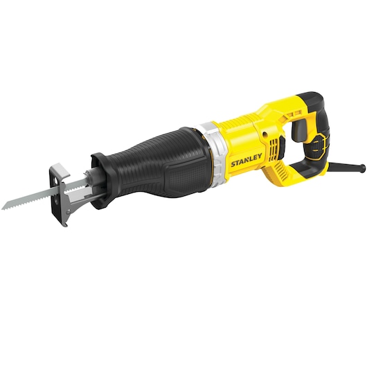 Photo of STANLEY SPT900 reciprocating saw, yellow and black, side angle, corded power tool.