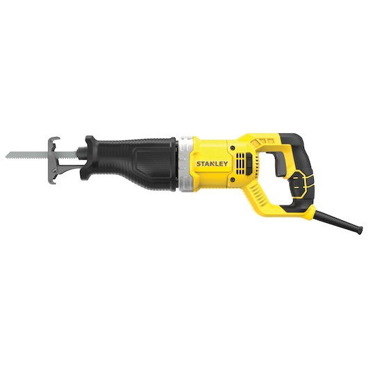 Photo of STANLEY SPT900 yellow and black reciprocating saw, side angle on white background.