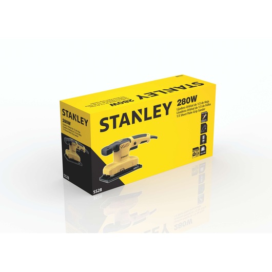 Photo of STANLEY SS28-AR 1/3 sheet palm grip sander box, yellow and black packaging, front angle.