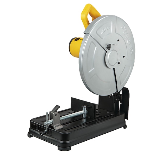 Photo of STANLEY SSC22-BR metal cut-off saw with yellow handle, silver blade guard, and black base, angled view.