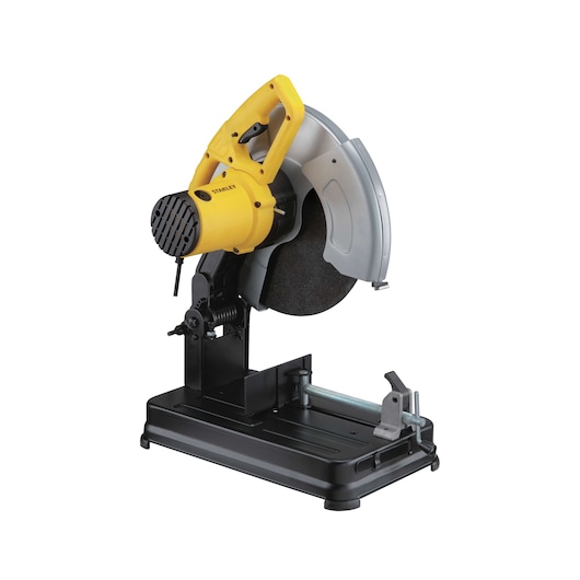 Photo of STANLEY SSC22 chop saw, yellow and black, metal base, side angle on white background.