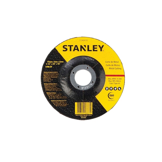 STANLEY STA0410 metal cutting disc, 115mm diameter, yellow and black, photographed from the front on white background.