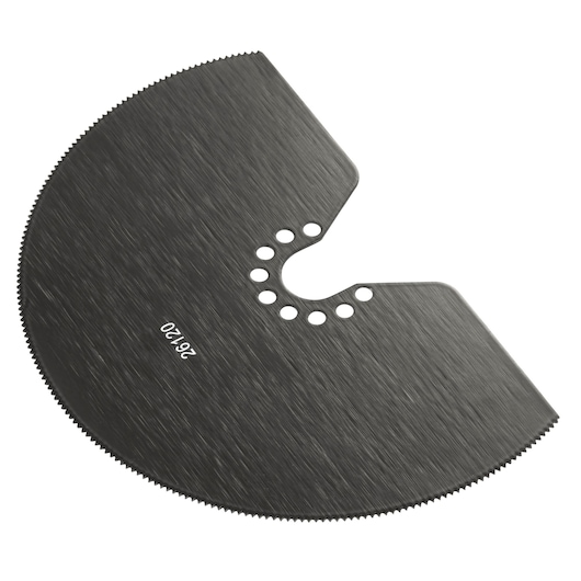 Photo of STANLEY STA26120 circular saw blade with fine teeth, black finish, angled on white background.