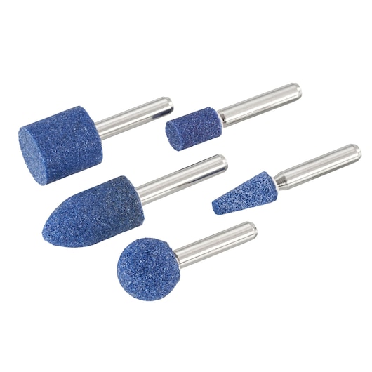 STANLEY STA30000 grinding stone set with five blue abrasive rotary bits, product photo, white background.