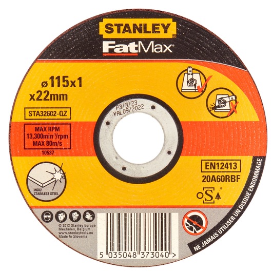 STANLEY STA32602 FatMax stainless steel cutting disc, 115x1x22mm, front angle on white background.
