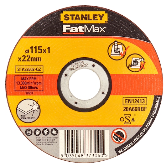STANLEY STA32602 FatMax stainless steel cutting disc, 115x1x22mm, front angle on white background.