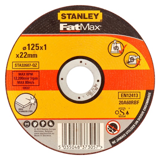 STANLEY STA32607 FatMax cutting disc for stainless steel, 125x1x22mm, front angle, yellow and black design.