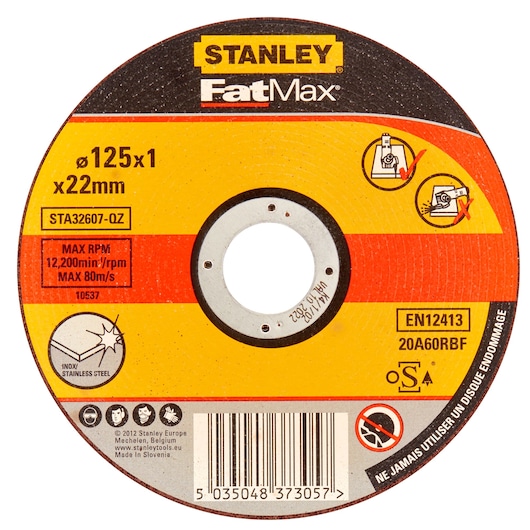 STANLEY STA32607 FatMax cutting disc for stainless steel, 125x1x22mm, front angle, yellow and black design.