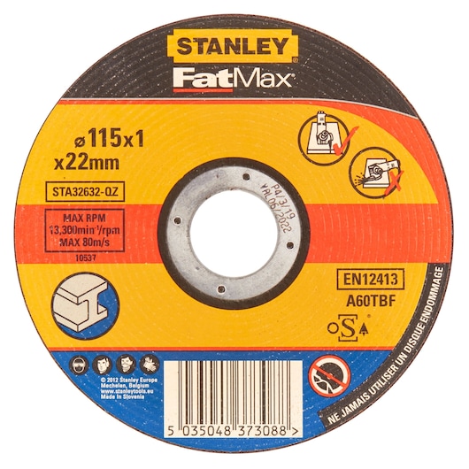 STANLEY STA32632 FatMax cutting disc, 115x1x22mm, front angle, black, yellow, red, and blue label.