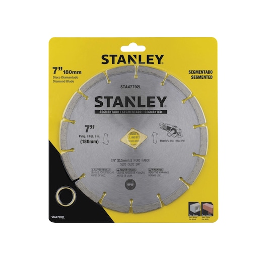 Photo of STANLEY STA47702L segmented diamond blade, 7-inch, in retail packaging, front view.