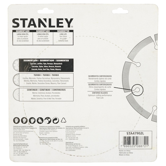 Photo of STANLEY STA47902L segmented saw blade packaging, white background, product details and usage instructions.