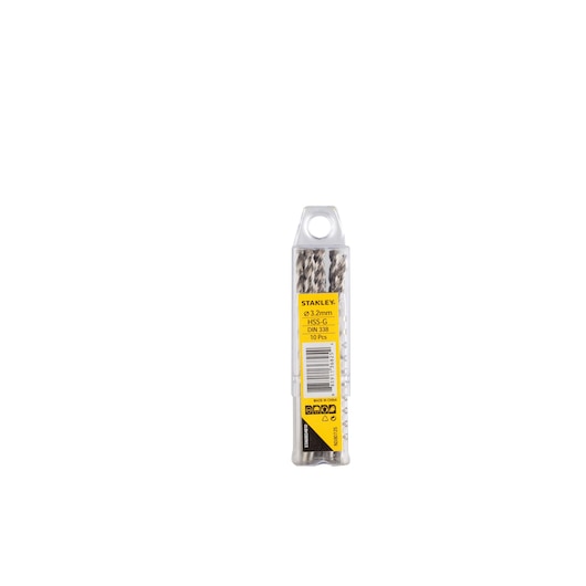 STANLEY STA50034B10 drill bit set 3.2mm, 10-piece, clear plastic case, front angle on white background.