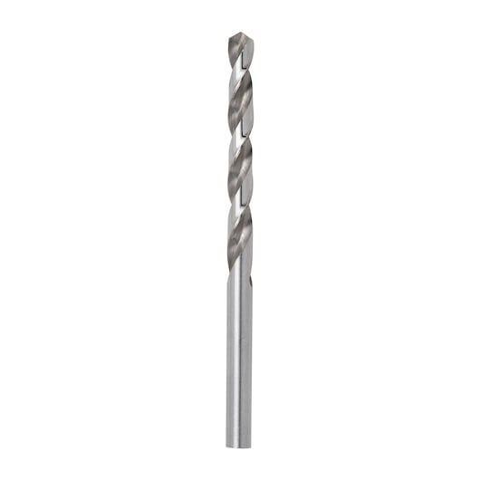 STANLEY STA50055B metal drill bit, silver, close-up on white background, straight shank, spiral flutes.