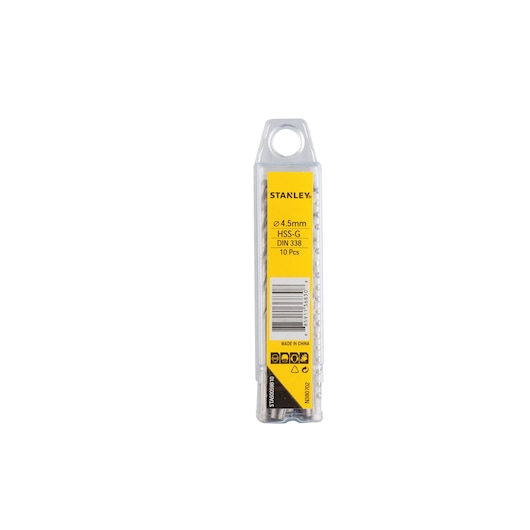 STANLEY STA50059B10 HSS-G drill bit set, 4.5mm, 10 pieces, front view with yellow label in plastic box.
