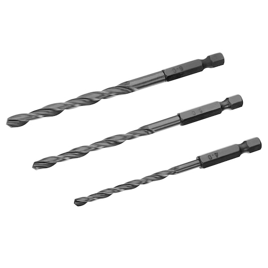 STANLEY STA50068 drill bit set, three black twist drill bits on white background, side angle.