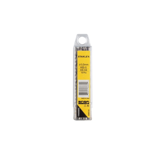 Photo of STANLEY STA50069B10 drill bits pack, yellow label, front view, 5.0mm, 10 pieces.