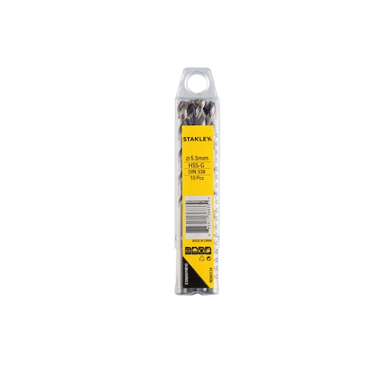 STANLEY STA50074B10 HSS-G drill bit set pack, 5.5mm, front angle, on white background.