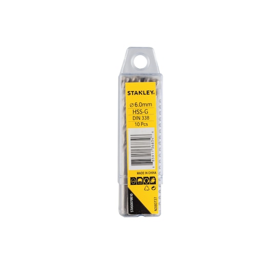 STANLEY STA50079B10 HSS-G 6.0mm drill bits pack, front view, yellow label, 10 pieces.