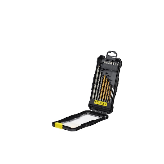 STANLEY STA7221 drill bit set in black plastic case, open at an angle, showing assorted metal bits.