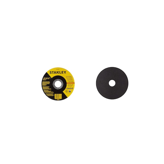 Photo of STANLEY STA8061 grinding disc, front and back view, black with yellow label, on white background.