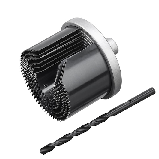 STANLEY STA81005 hole saw set with multiple black saw blades and a drill bit, side angle on white background.