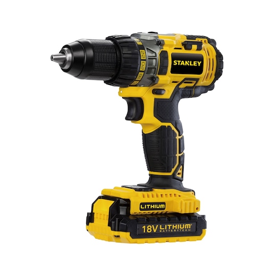 STANLEY STDC1802 cordless drill, yellow and black, 18V lithium battery, side angle, power tool.