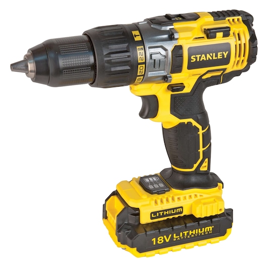 STANLEY STDC18LHBK 18V lithium cordless drill, side angle on white background.