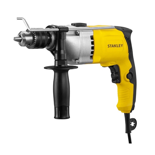 Photo of STANLEY STDH7213K corded yellow and black hammer drill with side handle, front angle.