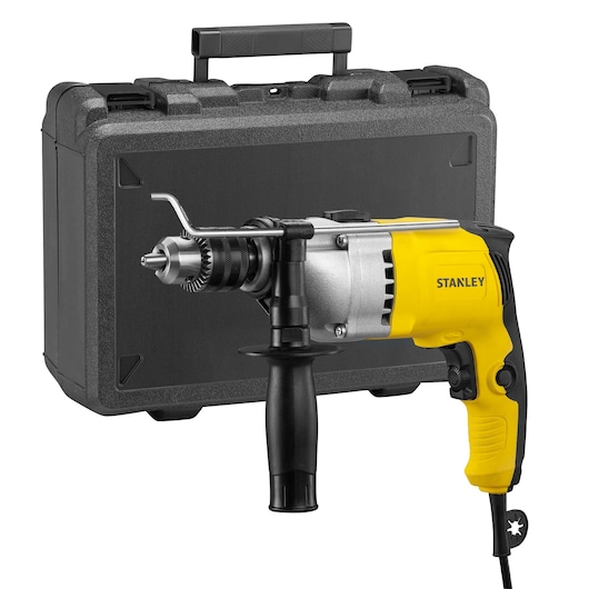 Stanley STDH7213K corded drill with side handle, shown in front of black carrying case, front angle.