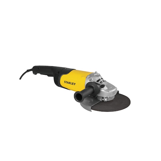 STANLEY STGL2023 angle grinder with yellow and black body, front view on white background.