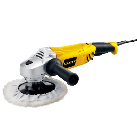STANLEY STGP1318K yellow and black electric polisher with side handle, front angle photo.
