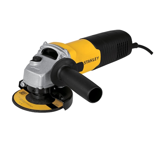 STANLEY STGS7115 angle grinder with yellow and black body, photographed from front left on white background.