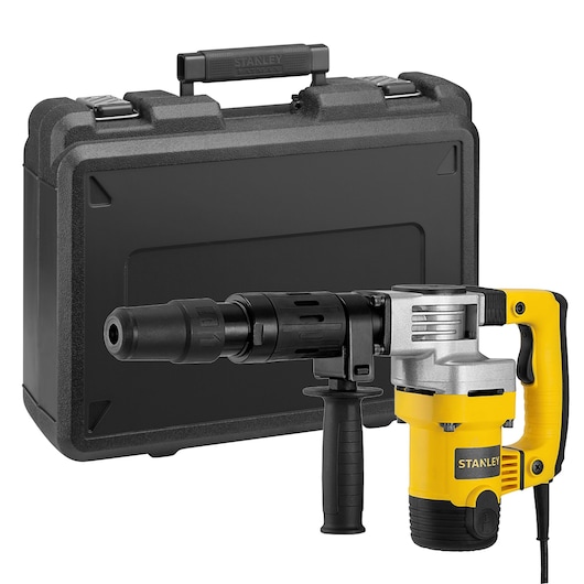 STANLEY STHM5KS demolition hammer with yellow and black handle, shown with black carrying case, front angle.