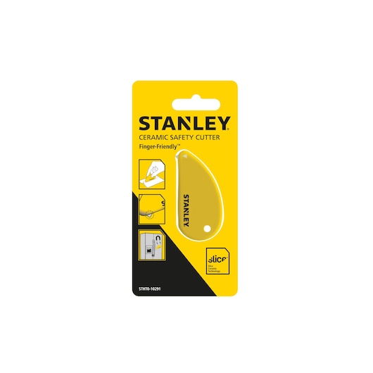 STANLEY STHT0-10291 ceramic safety cutter in yellow retail packaging, front view.