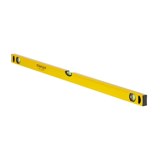 Photo of STANLEY STHT1-43105 yellow spirit level tool, angled view on white background.