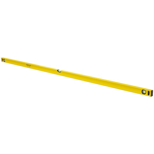 Yellow Stanley spirit level tool with three bubble vials, used for checking level surfaces in construction.