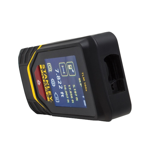 STANLEY STHT1-77139 laser distance measurer with color digital display, front angled view on white background.