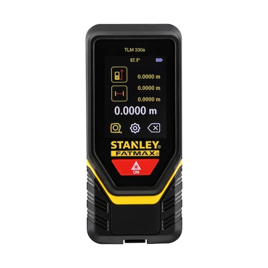 STANLEY STHT1-77140 laser distance measurer, black and yellow, front view on white background.